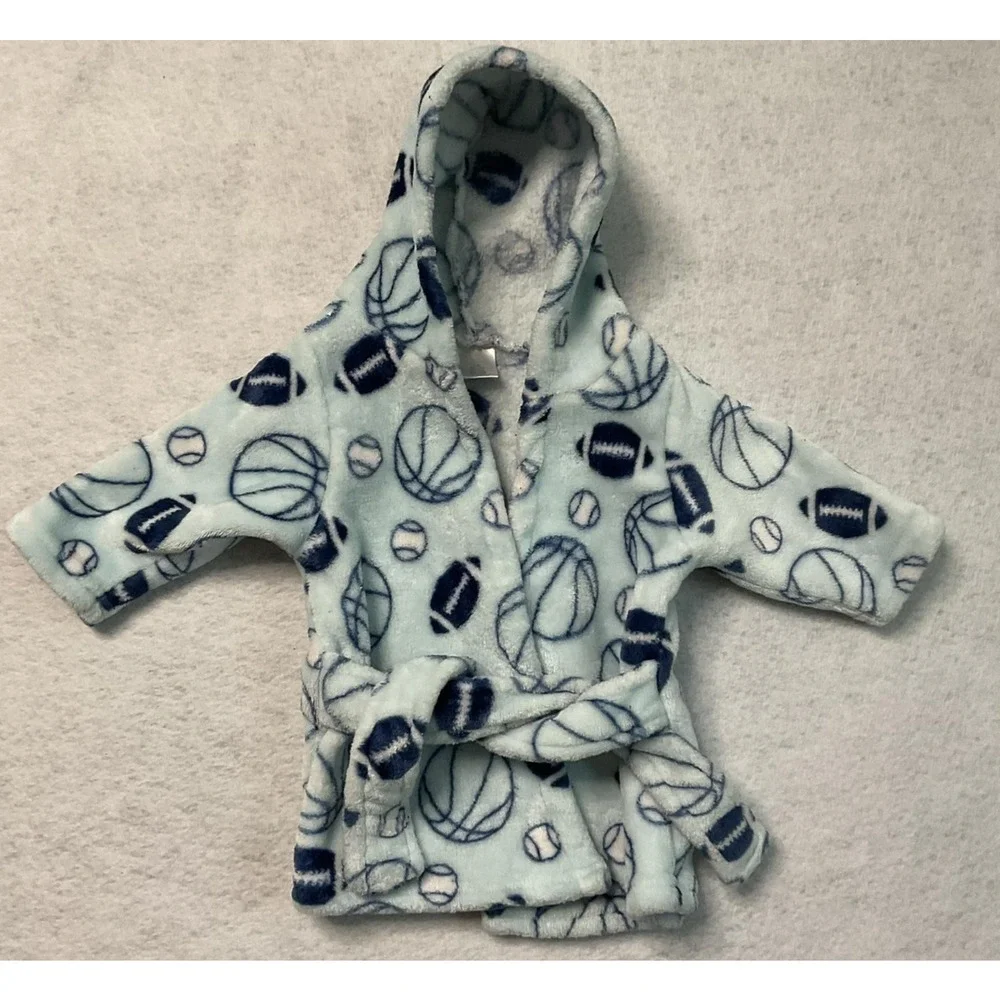 Baby Boys Hooded Bathrobe 0-9M Soft Fleece‎ Sports Balls Print Plush Robe Blue